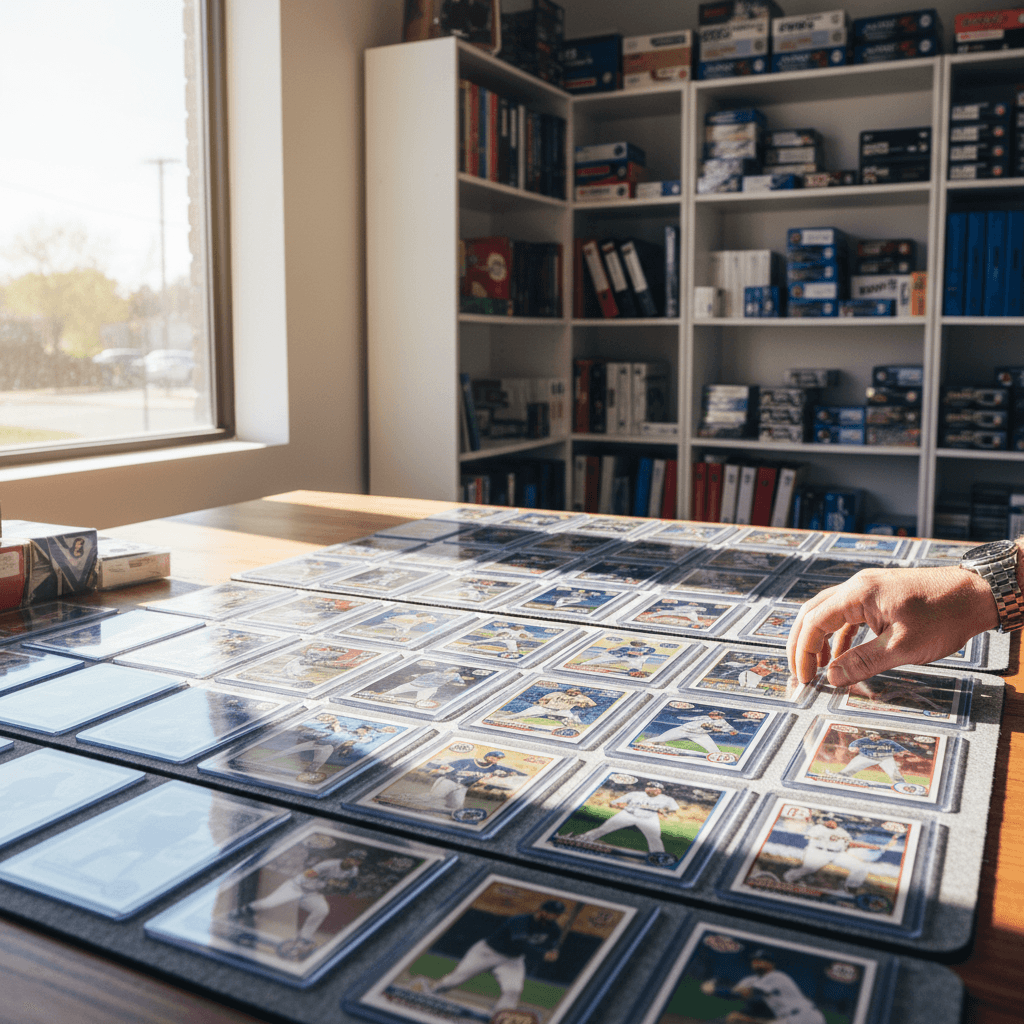 Collector browsing raw and graded cards at shop counter