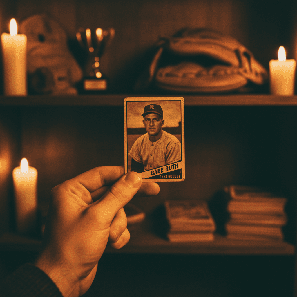 Collector examining a vintage baseball card in warm light
