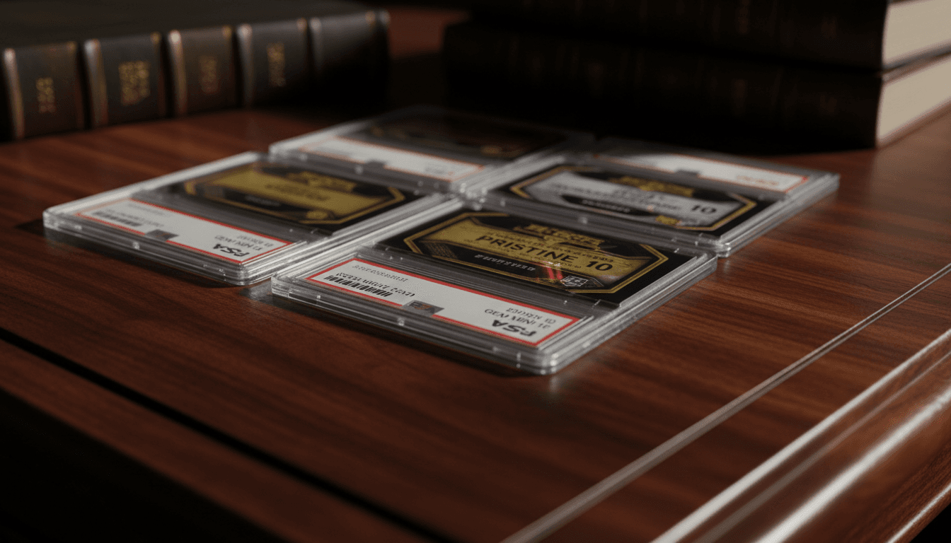 Graded sports card slabs with PSA and BGS labels displayed on wood surface