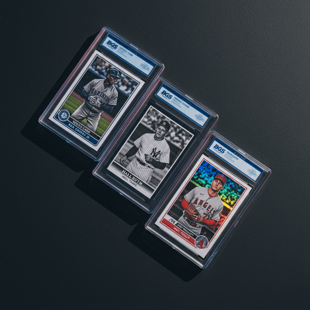 Multiple BGS graded baseball cards arranged overhead